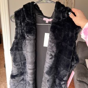 Black faux fur vest with hood size medium